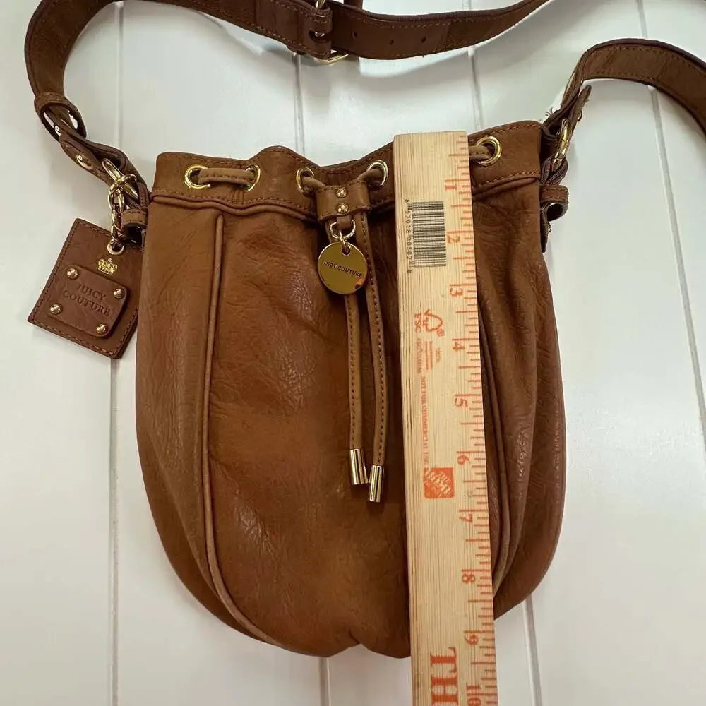 Boho Juicy Couture Brown Pebbled Leather Drawstring Bucket Crossbody Bag